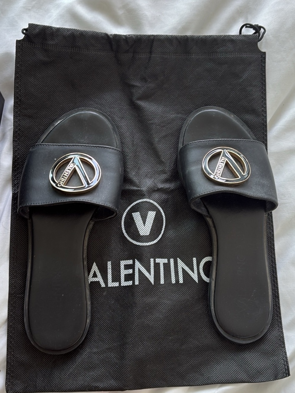 Valentino Silver Logo Slip-On Sandals